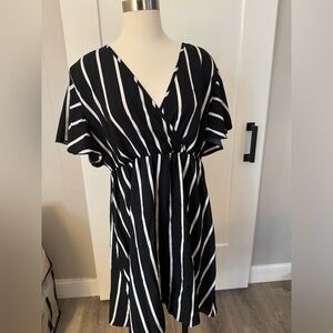 Black and White Stripe V Neck Surplice Neckline Dress